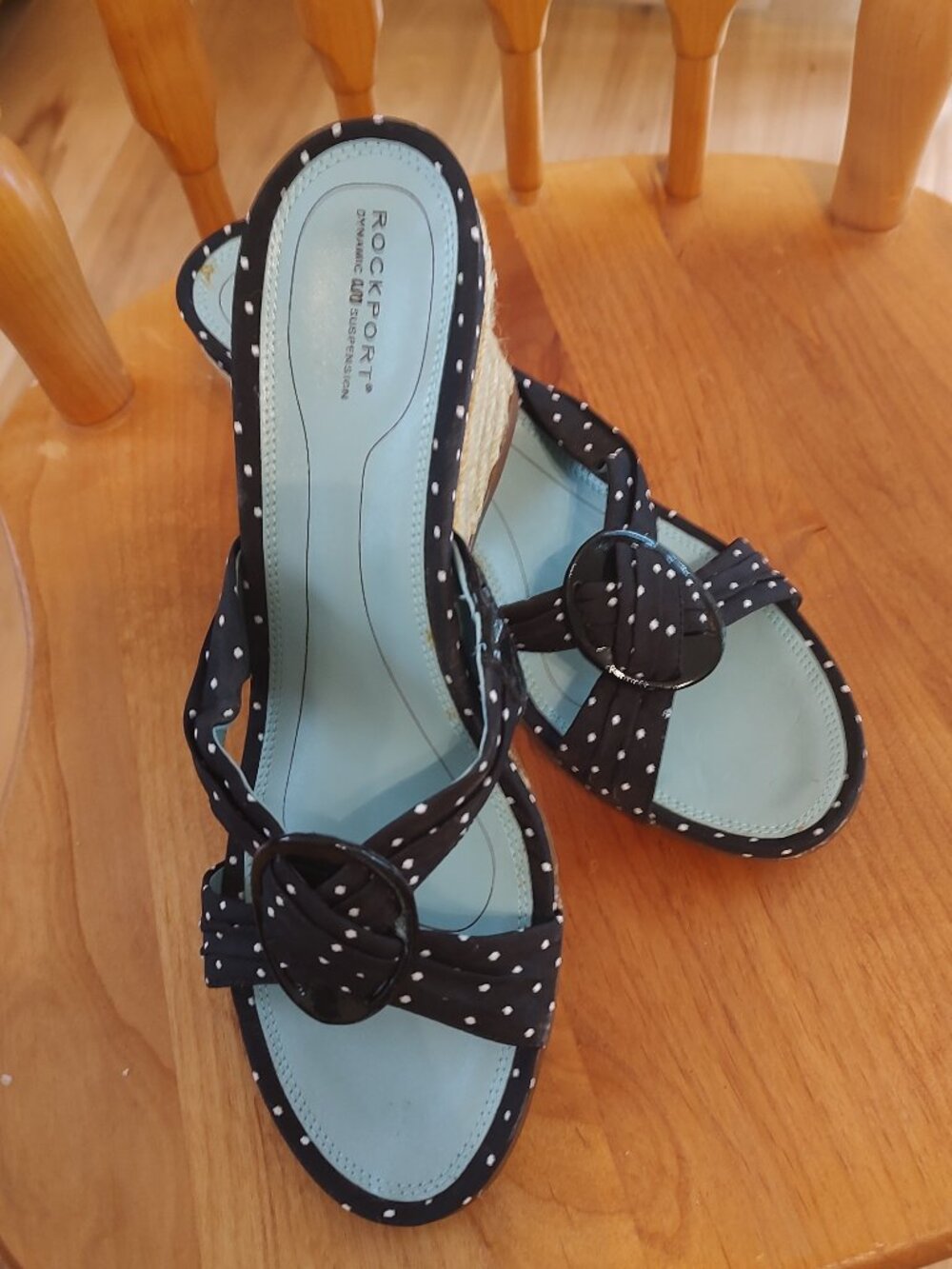 Rockport Black and White Polka-Dot Wedge Sandals with decorative ring - Size 9.5